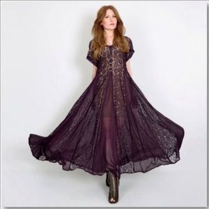 Vintage 90s Plum Sheer Lace Panel Gypsy Maxi Dress